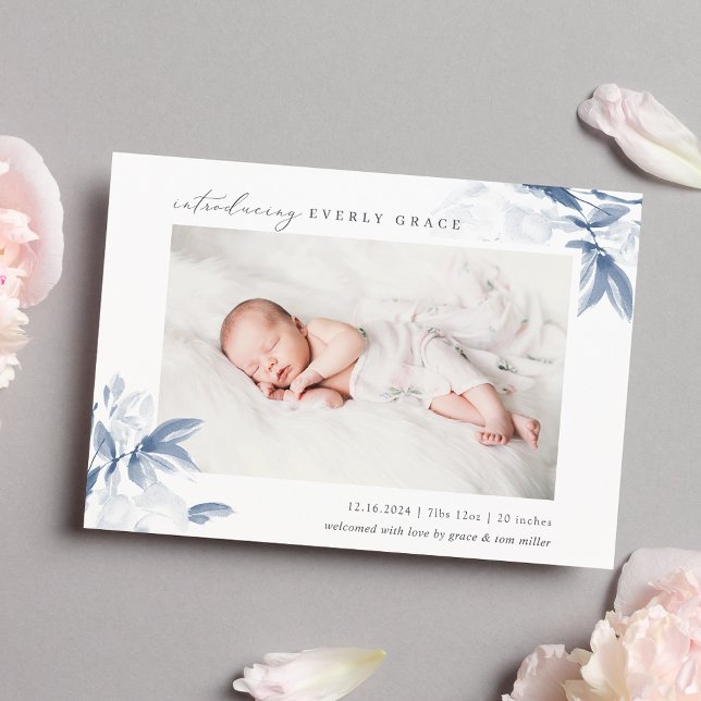 Blue Whisper Floral Photo Birth Announcement (Creator Uploaded)