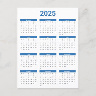 Blue & White 2025 Year at a Glance Calendar Postcard