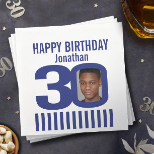 blue white 30th birthday stripe add your own photo napkin
