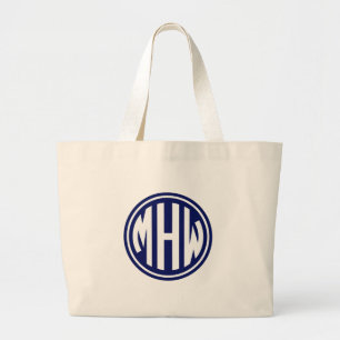Blue White 3 Initial in a Circle Monogram DIY BG Large Tote Bag
