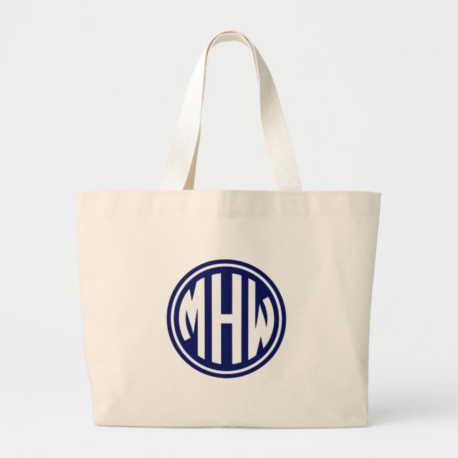 Blue White 3 Initial in a Circle Monogram DIY BG Large Tote Bag (Front)
