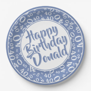 Blue/White 40th Happy Birthday Number Pattern Paper Plate