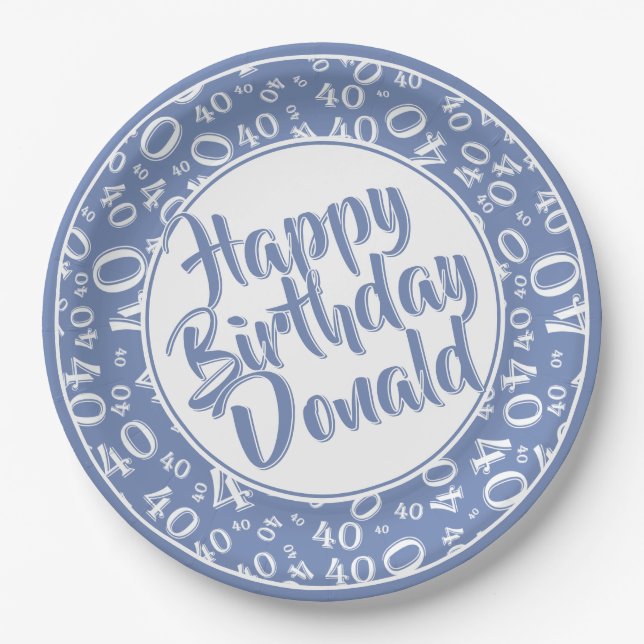 Blue/White 40th Happy Birthday Number Pattern Paper Plate (Front)