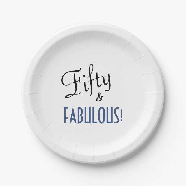 Blue & White 50th Birthday Fifty & FABULOUS! Paper Plate (Front)