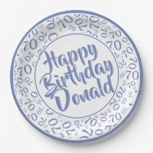 Blue/White 70th Random Number Pattern Paper Plate