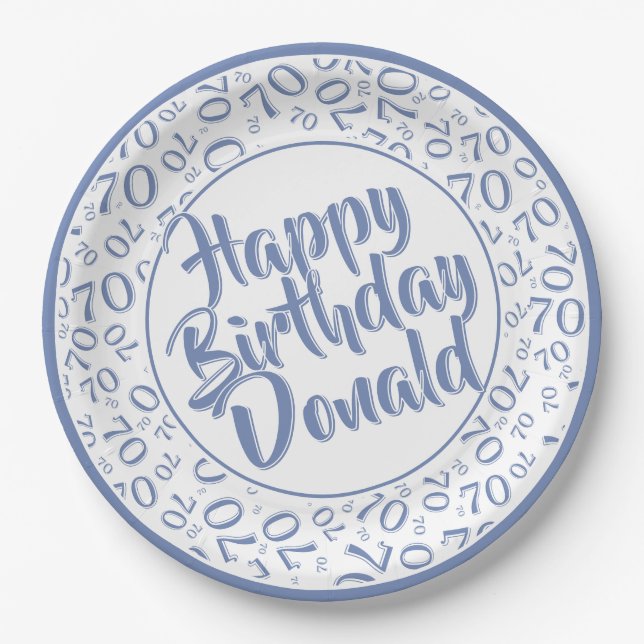 Blue/White 70th Random Number Pattern Paper Plate (Front)