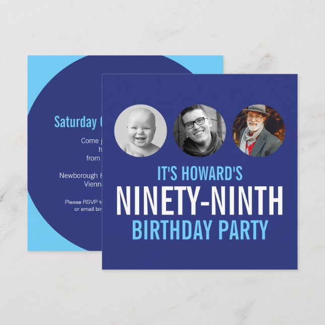 Blue white 99th photo birthday custom 3 photos invitation (Front/Back)