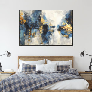 Blue & White Abstract Canvas – Gold Accents Print