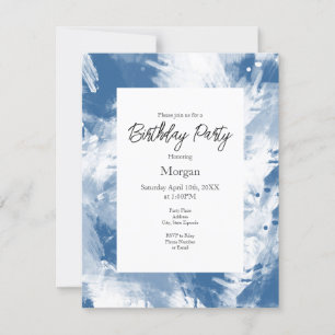 Blue White Abstract Modern Brushstrokes  Invitation