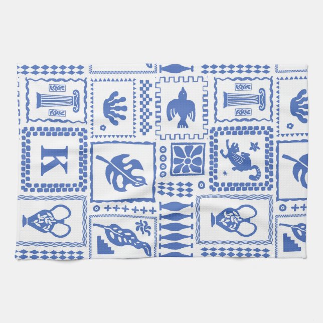 Blue White Abstract Monogram Gift Tea Towel (Horizontal)