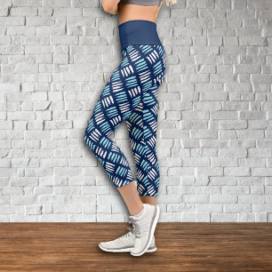 Blue White Abstract Paint Stripes Capri Leggings