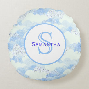 Blue & White Abstract Textured Clouds Mongram Round Cushion
