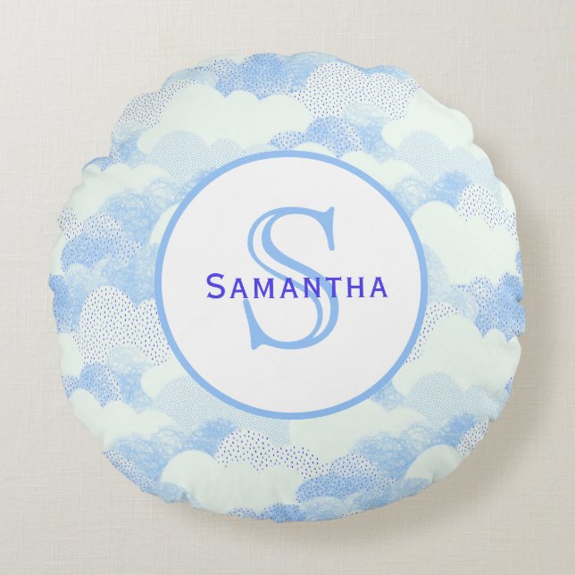 Blue & White Abstract Textured Clouds Mongram Round Cushion (Front)