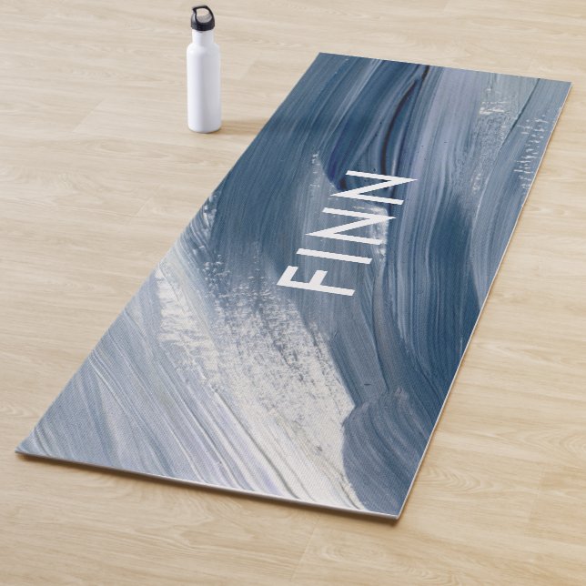 Blue white abstract textured modern hand painted y yoga mat (In Situ)