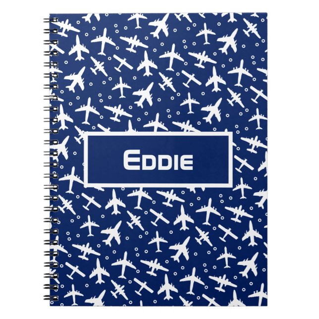 Blue White Aeroplane Pattern Notebook (Front)