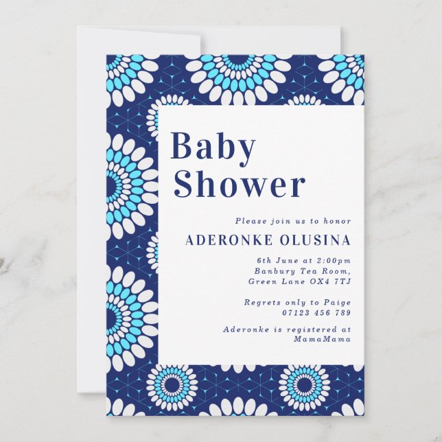 Blue & White African Wax Print Baby Shower Invitation (Front)