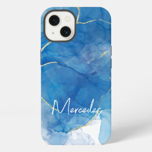 Blue & White Agate Marble Abstract Name Monogram iPhone 13 Case