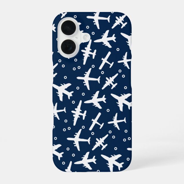 Blue White Aircraft Pattern iPhone 16 Case (Back)