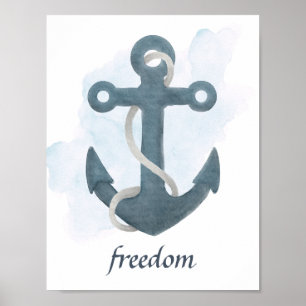 Blue White Anchor Nautical Ocean Theme Poster