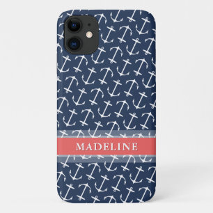 Blue White Anchor Pattern Coral Name iPhone 11 Case