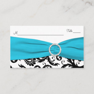 Blue, White and Black Damask Place Card