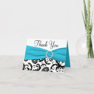 Blue, White, and Black Damask Thank You Note Card