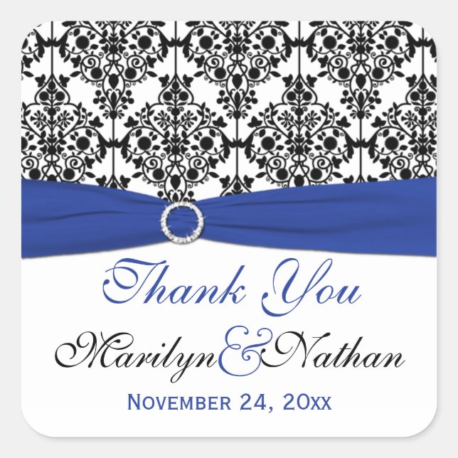 Blue, White, and Black Damask Thank You Sticker (Front)
