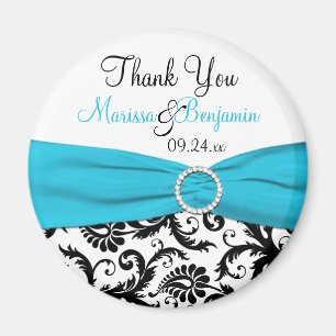 Blue, White, and Black Damask Wedding Favour Magnet