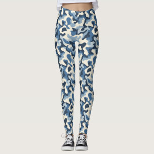 Blue,White and Black Retro Camo Pattern Leggings
