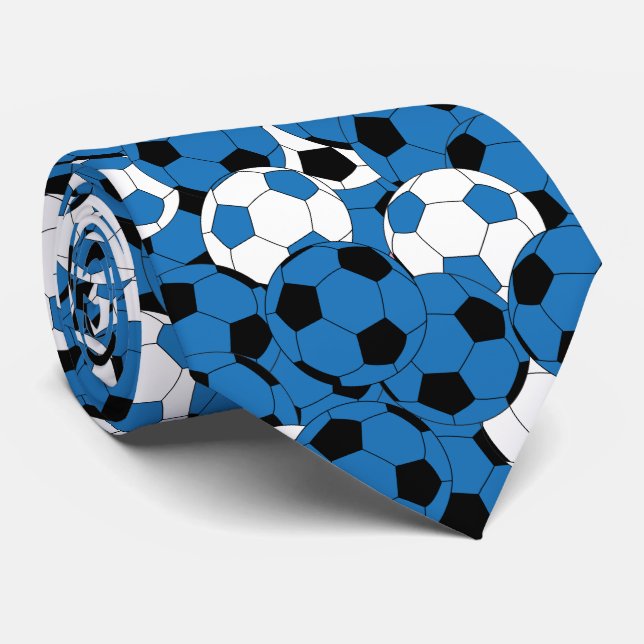 Blue, White and Black Soccer Ball Collage Tie (Rolled)