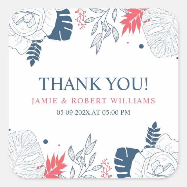 Blue white and coral-red tropical floral frame square sticker (Front)