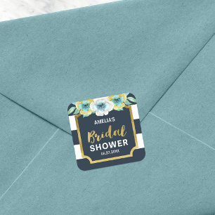 Blue White and Faux Gold Floral Bridal Shower Square Sticker