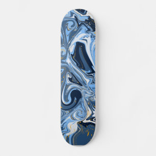 Blue, White and Gold Fluid Art Faux Marble Skateboard