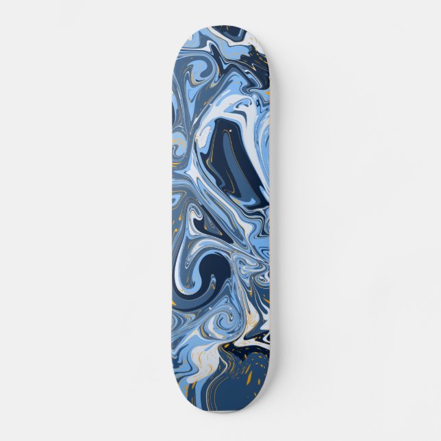 Blue, White and Gold Fluid Art Faux Marble Skateboard (Front)