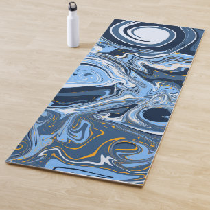 Blue, White and Gold Marble Swirls Fluid Art   Yoga Mat