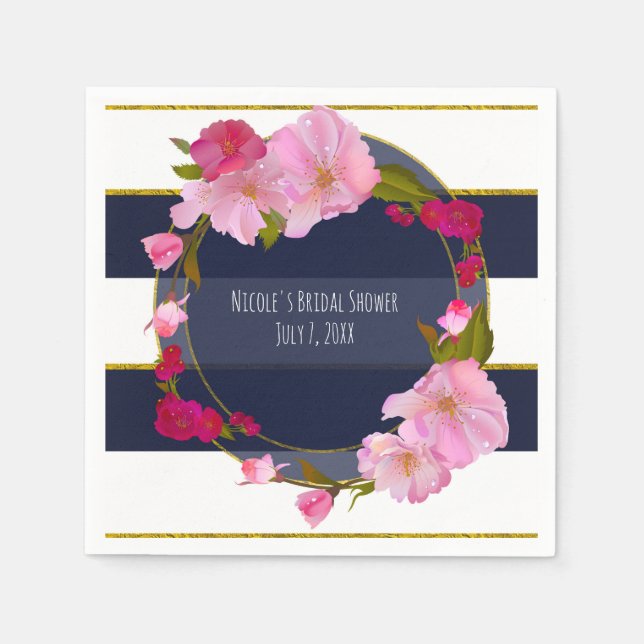 Blue White and Gold Modern Floral Chic Glam Party Napkin (Front)