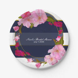 Blue White and Gold Modern Floral Chic Glam Party Paper Plate