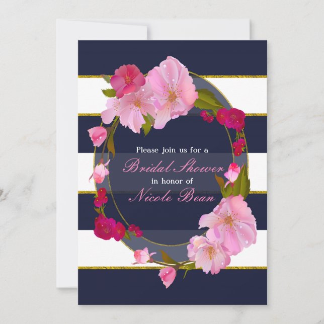 Blue White and Gold Modern Floral Chic Party Invitation (Front)