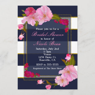 Blue White and Gold Modern Floral Chic Party Invitation