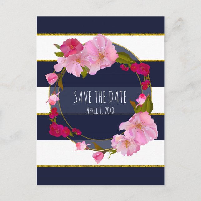 Blue White and Gold Modern Floral Save The Date Announcement Postcard (Front)