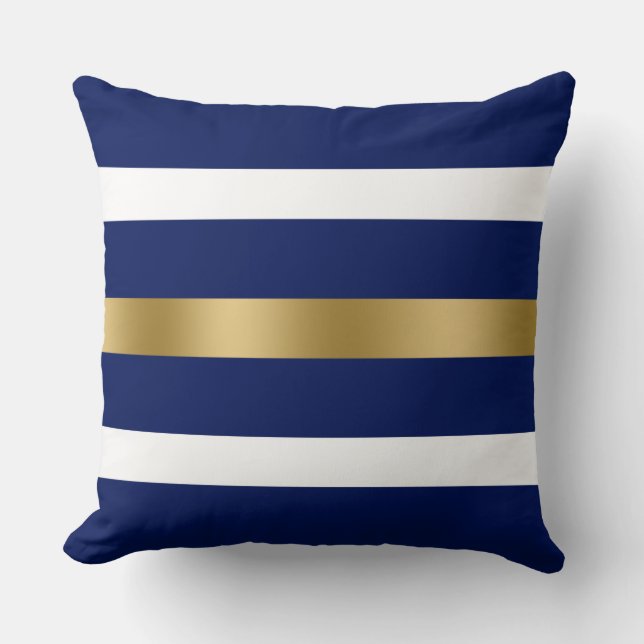 Blue, white and gold stripes throw pillow (Front)