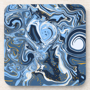 Blue, White and Gold Swirls Fluid Art Coaster