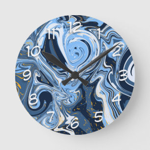 Blue, White and Gold Swirls Fluid Art  Round Clock