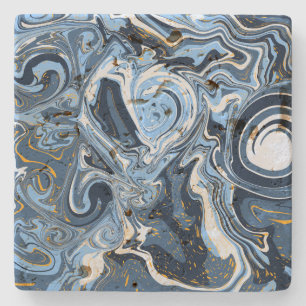 Blue, White and Gold Swirls Fluid Art Stone Coaster