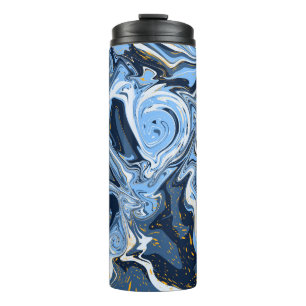 Blue, White and Gold Swirls Fluid Art   Thermal Tumbler