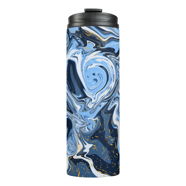 Blue, White and Gold Swirls Fluid Art   Thermal Tumbler (Front)