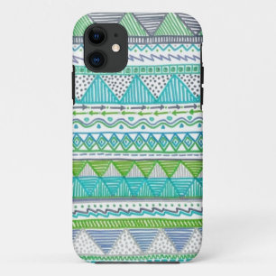 Blue, White, and Green Drawn Tribal Print iPhone 11 Case