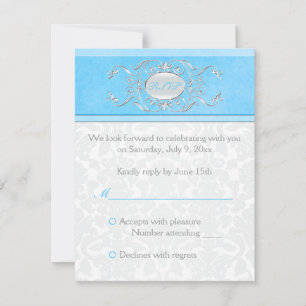 Blue, White, and Grey Damask Reply Card