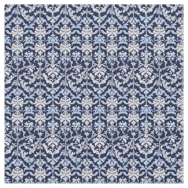 Blue White and Grey Damask William Morris Style Fabric (Close Up)