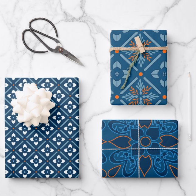Blue, White and Orange Spanish Tile Assorted Wrapping Paper Sheet (Front)